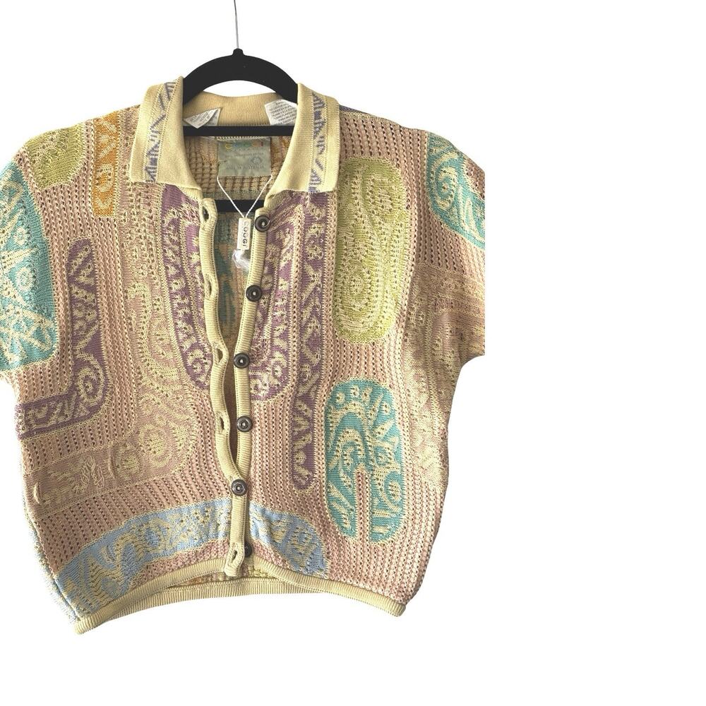 Vtg Coogi Cardigan Short Sleeve 3D Textured Womens Sweater Jumper Sz Small NOS